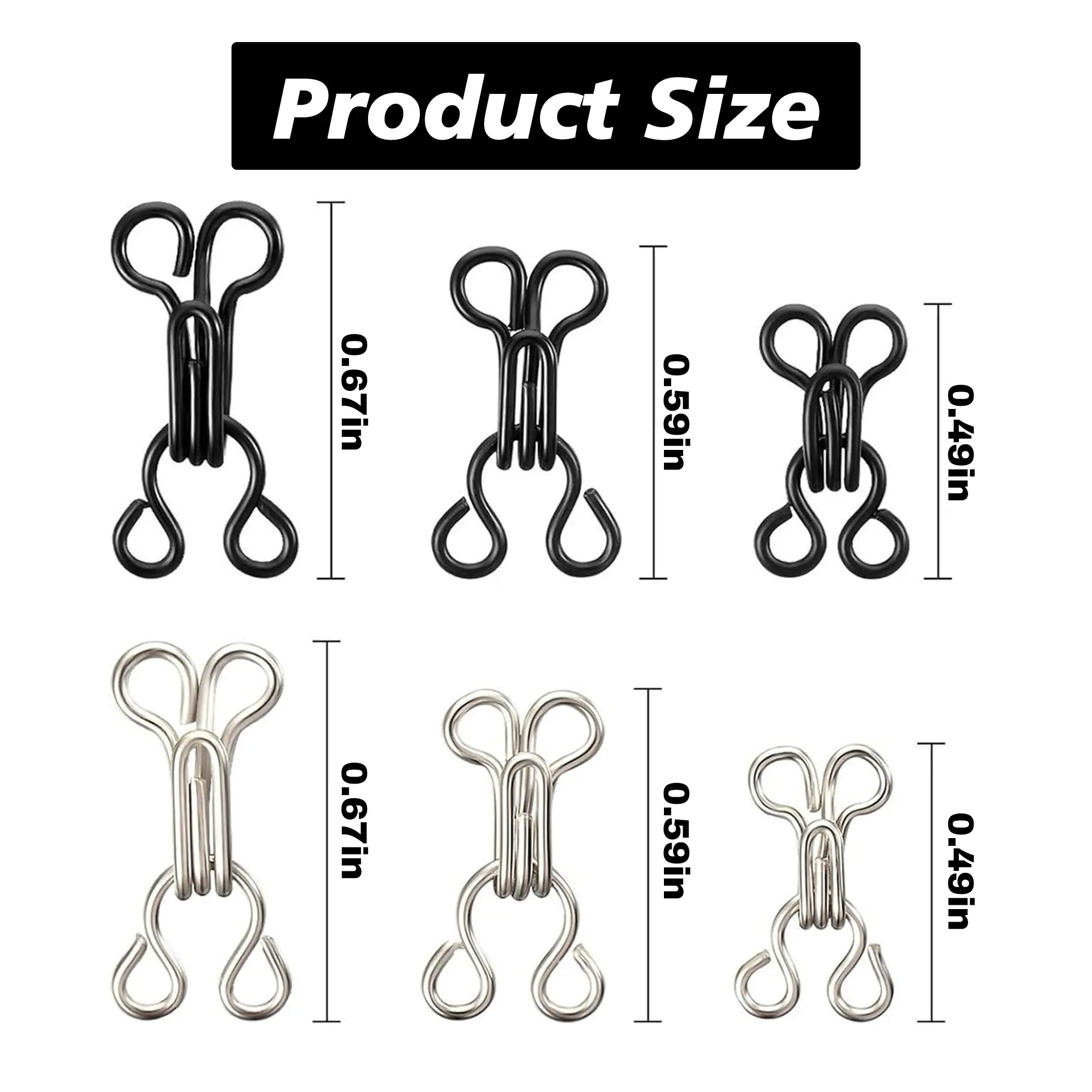 60 Counts  Sewing Hooks and Eyes Closure, 3 Sizes & Dual Colors for DIY Craft (Silver & Black)