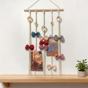 Bohemian Handmade Cotton Rope Braided Hairpin Hair Accessories Storage with Wall Hanging Rack for Hair Band Finishing Decor Ornaments