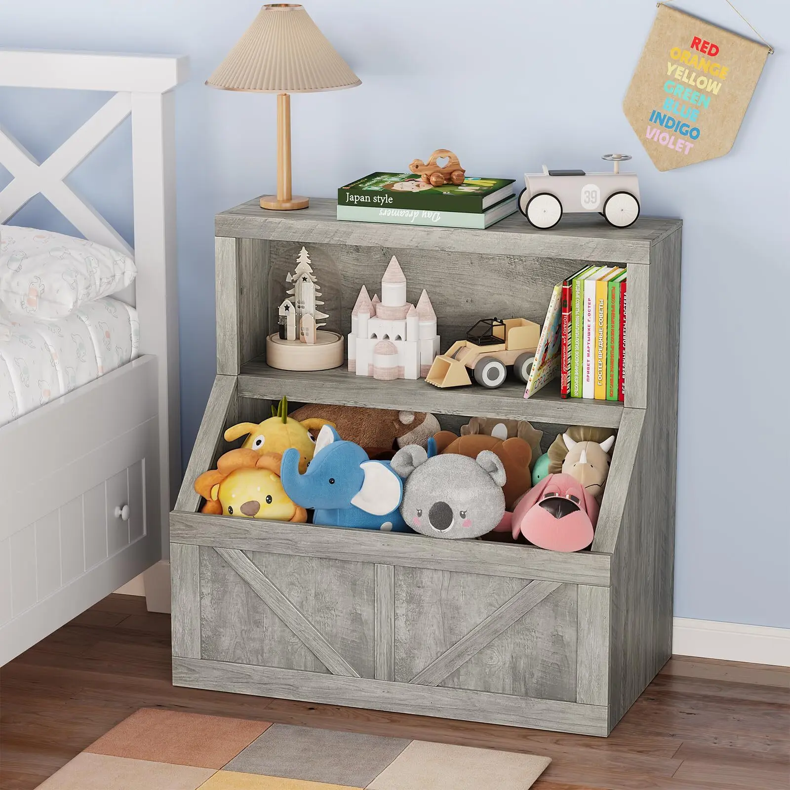 Kids Bookshelf, Wooden Toy Storage Organizer with Cubby, Toddler Bookcases Fit for Playroom, Children's Room, Bedroom, Nursery School