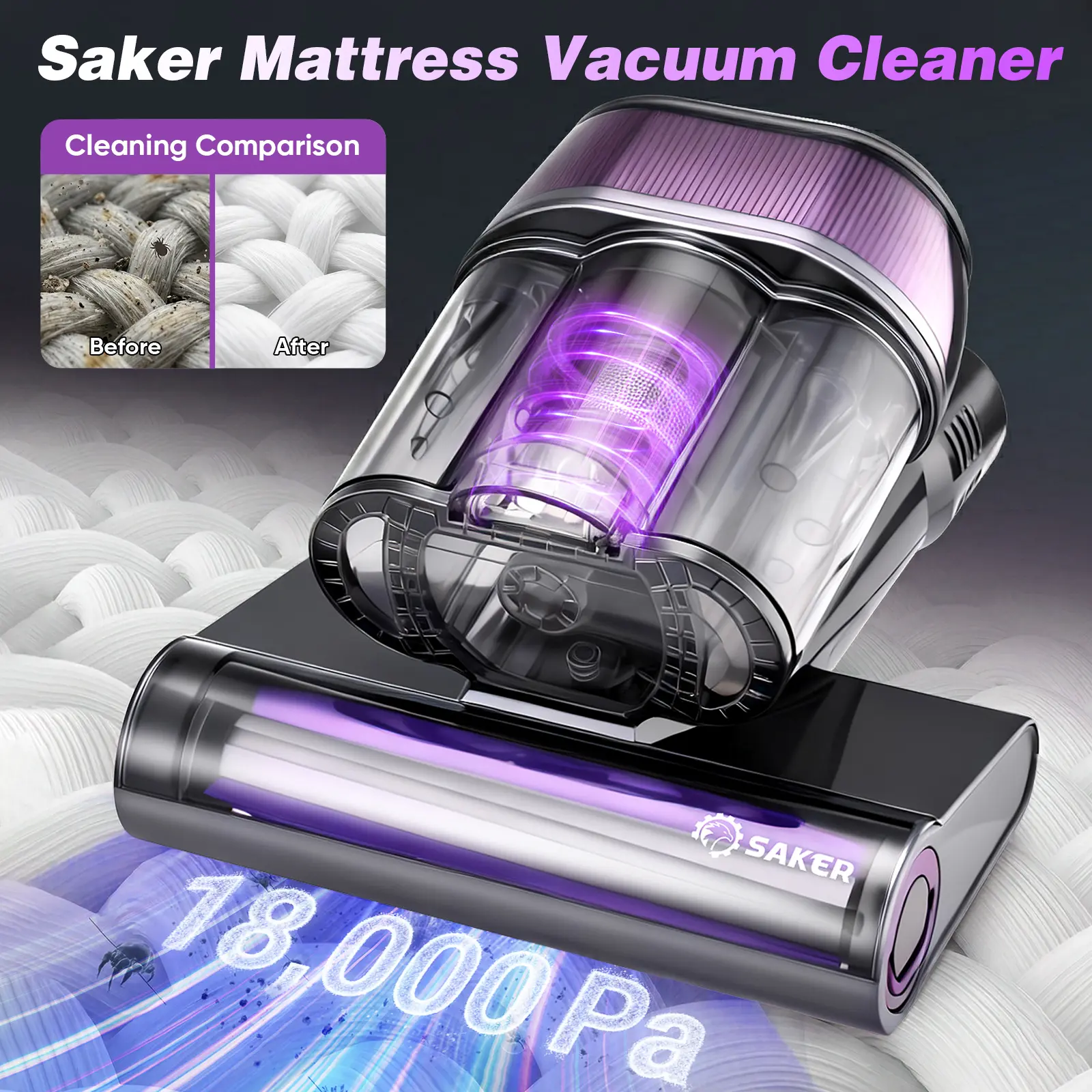 Saker Bed Vacuum Cleaner Handheld 18kPa Strong Suction UV-C Sanitizing 140°F Heated Air Aroma Function LED Display , Large Capacity Triple-Cup Dust Cup for Mattress Sofa Deep Cleaning