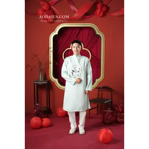 Mint Bird Floral Embroidered Men Ao Dai O3