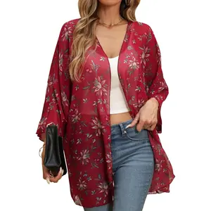Summer clothing,Women's kimono cardigan, summer lightweight cover-up, 3/4 sleeves, floral print vacation beachwear