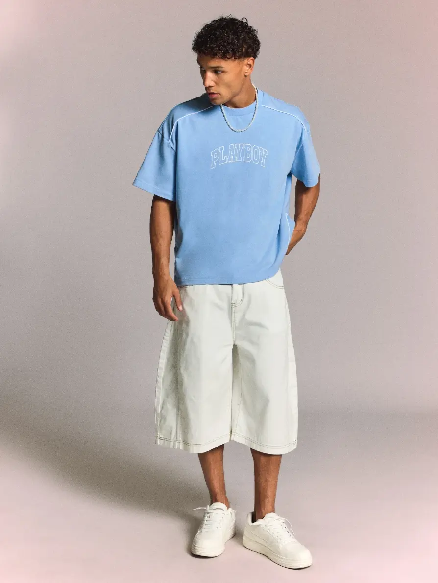 Oversized Fit Washed Piping T-Shirt With Chest Arch Logo Print And Crew Neck Short Sleeve