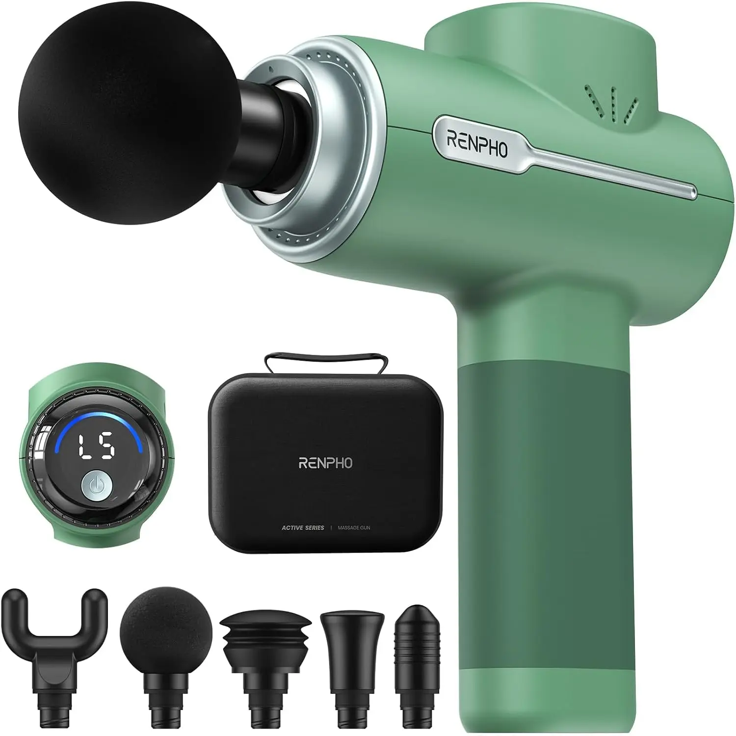 RENPHO Active Massage Gun, Deep Tissue Percussion Back Massager for Neck, FSA Approved, Portable Handheld Massager with 5 Speeds, HSA, 5 Attachments, Carry Case, Green、