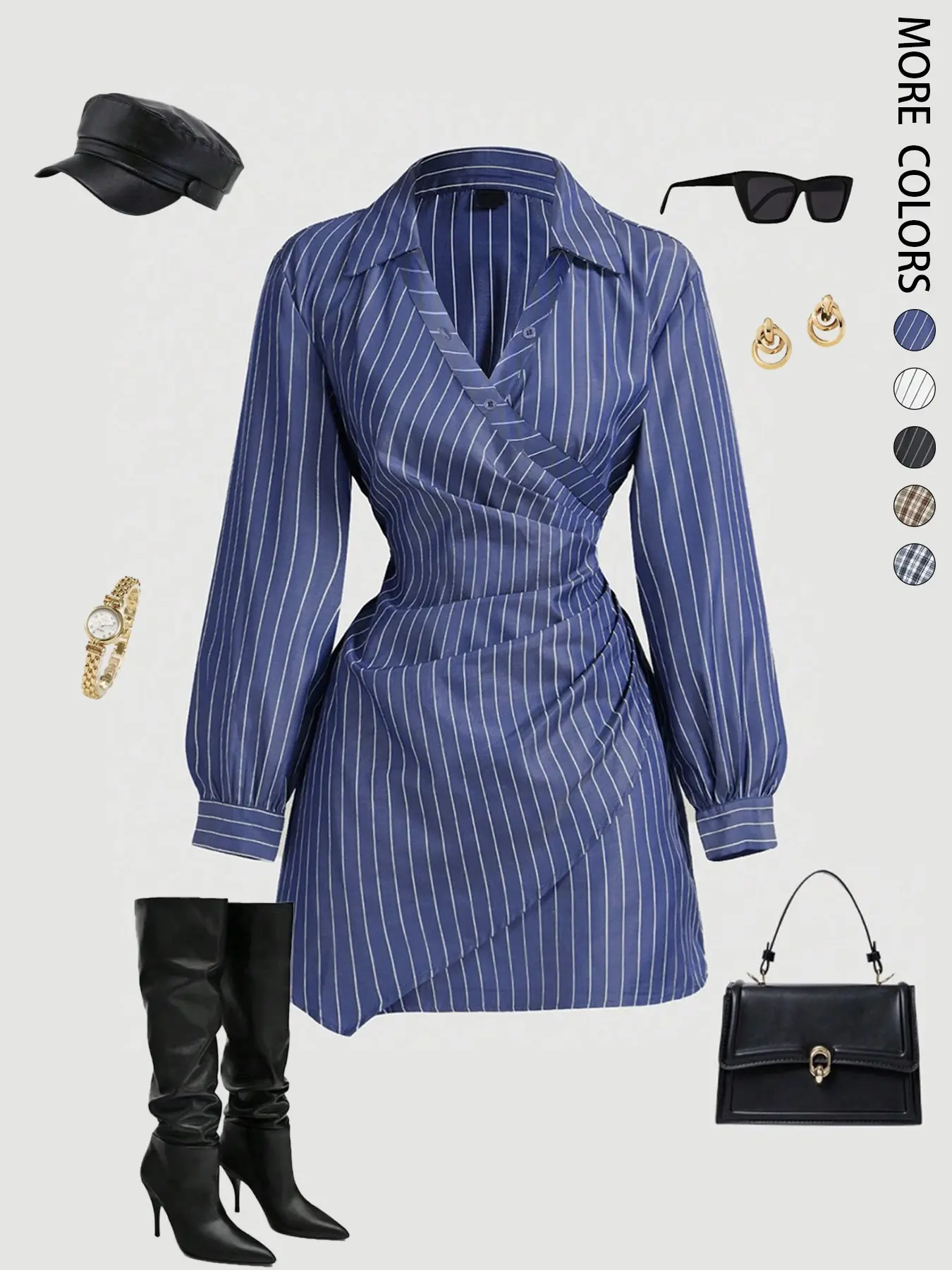 Women's Plaid Print Striped V-Neck Lantern Sleeve Ruched Chic Elegant Fit Fitted Mini Dress, Bodycon Work Dress, Suitable for Work, School and Everyday, Formal, Casual Long Sleeves Fitted Waist Stripe Print Shirt Dress, Casual Wear, Casual Elegant Style