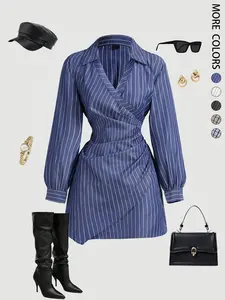 Women's Plaid Print V-Neck Lantern Sleeve Ruched Fitted Mini Dress, Suitable for Work and School, Casual Long Sleeves Fitted Waist Stripe Print Shirt Dress