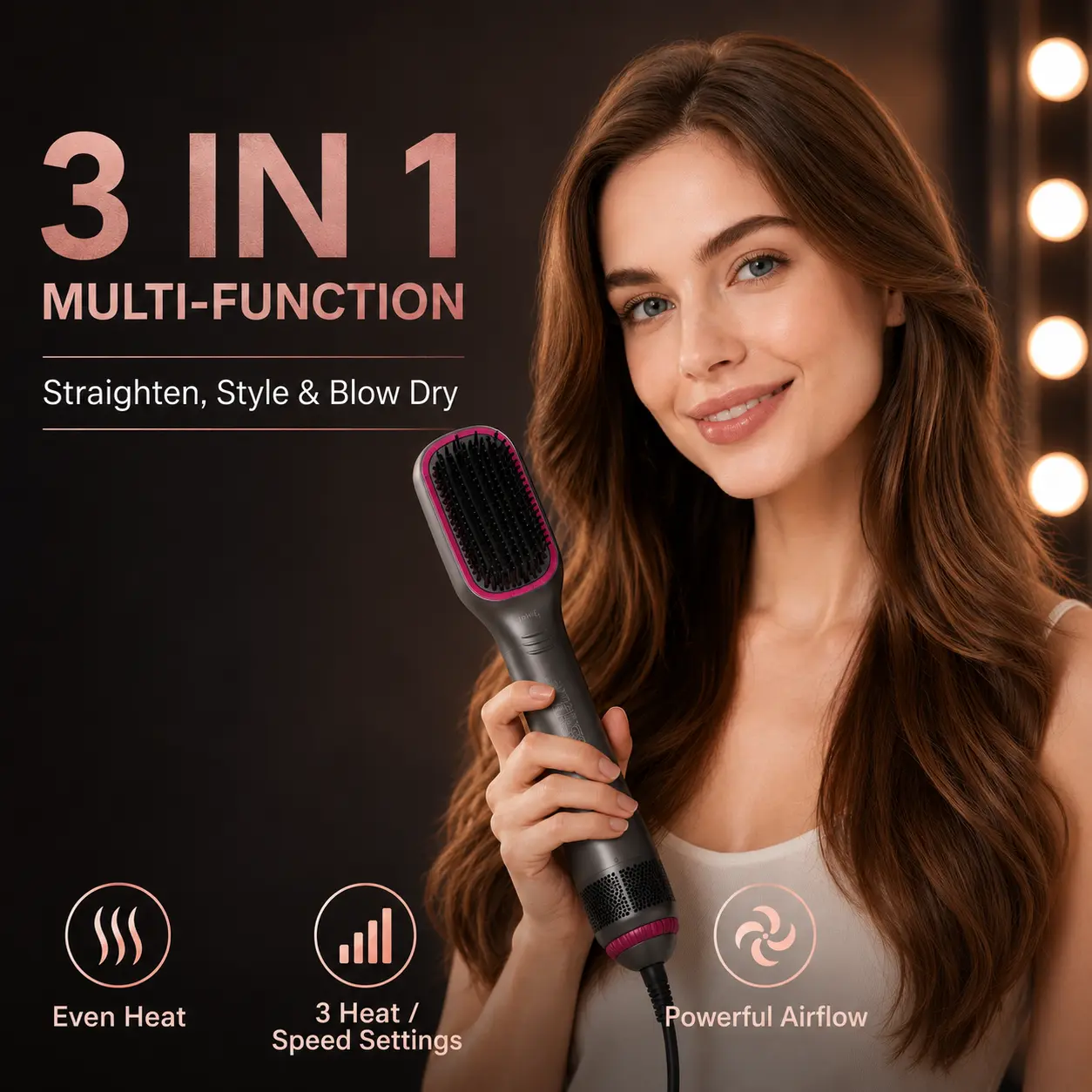 3-in-1 Hair Dryer Brush & Straightening Brush, Ionic Blow Dry Brush for Women, Hot Air Brush Styler with 3 Heat Settings, Volumizing Hair Brush for Smooth Salon Style