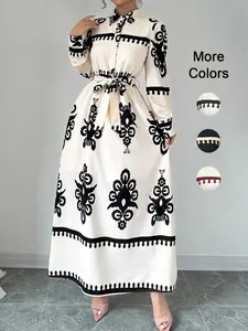 Women's Fashion Commuter Long Sleeve Collared Button Front Fitted Shirt Dress with Belt, Classic Design, Geometric Pattern, Spring & Fall