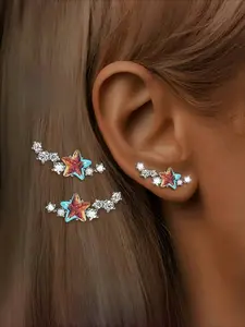 Pair of S925 Silver AB Color Star Stud Earrings with Colored Synthetic Zirconia, Ultra Sparkling Blingbling, Perfect for Parties and Music Festivals, Versatile Casual Attire, Vacation Style, Trendy Fashion, Hypoallergenic, Artificial Zircon Earrings