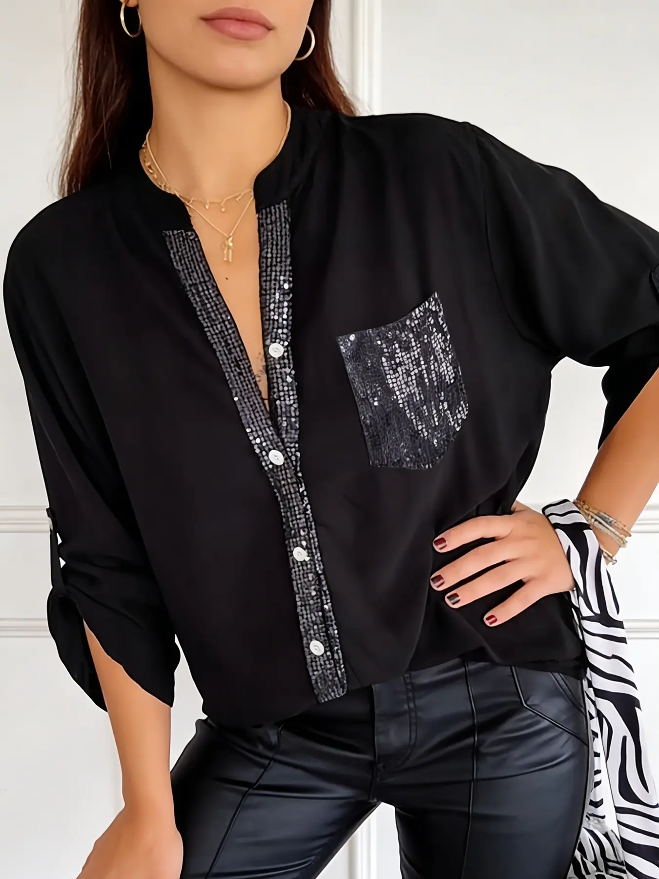 A women's black stylish casual sequin decorated long sleeved top shirt Blouse with sequin elements, suitable for commuting to work, shopping and outdoor activities, indoor and outdoor dressing Button Up Blouses