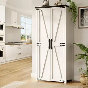 71" Kitchen Pantry Cabinets - Tall Farmhouse Food Storage Cabinets Cupboard with 2 Barn Doors and Shelves Adjustable for Large Dinning or Living Room, in Grian White