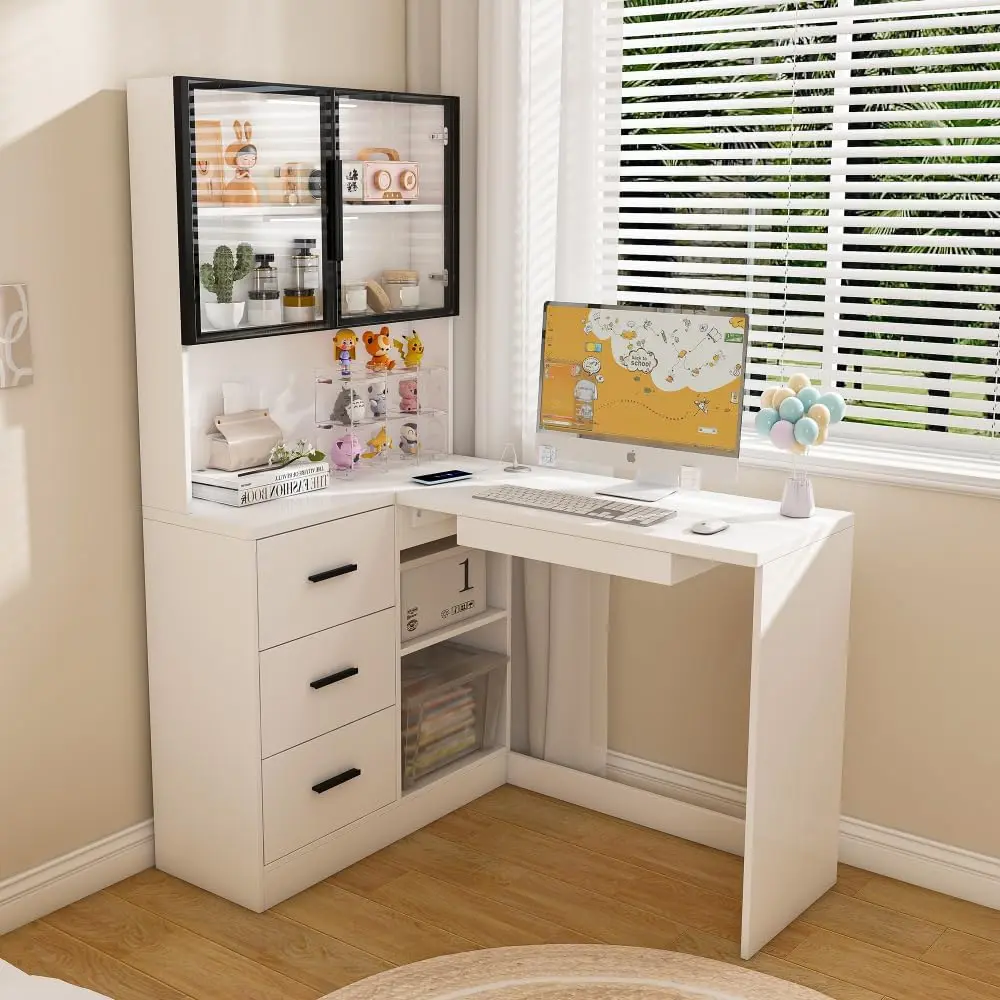 L-Shaped Sturdy Home Office Computer Desk with LED Lights, Glass Cabinets, USB Charging Ports, Keyboard Tray, White Storage Drawer Platform – Ideal for Home Office, Gaming Setup Use, Home Office Desks, Sturdy Computer Desk