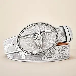 Western Cowboy Rhinestone Belt, White Faux Leather with Large Bull Head Buckle, Vintage Style Punk Belt with Engraved Pattern Design, for Young Men and Women, Suitable for Business and Casual Wear