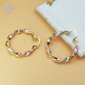 Twisted Gold Hoop Earrings with Pink and White Enamel Inlay Chunky Twisted Design with Pastel Accents Secure Click Top Closure Trendy Y2K Aesthetic Jewelry for Women Perfect for Daily Wear and Special Occasions Lightweight and Hypoallergenic Ideal Gift fo