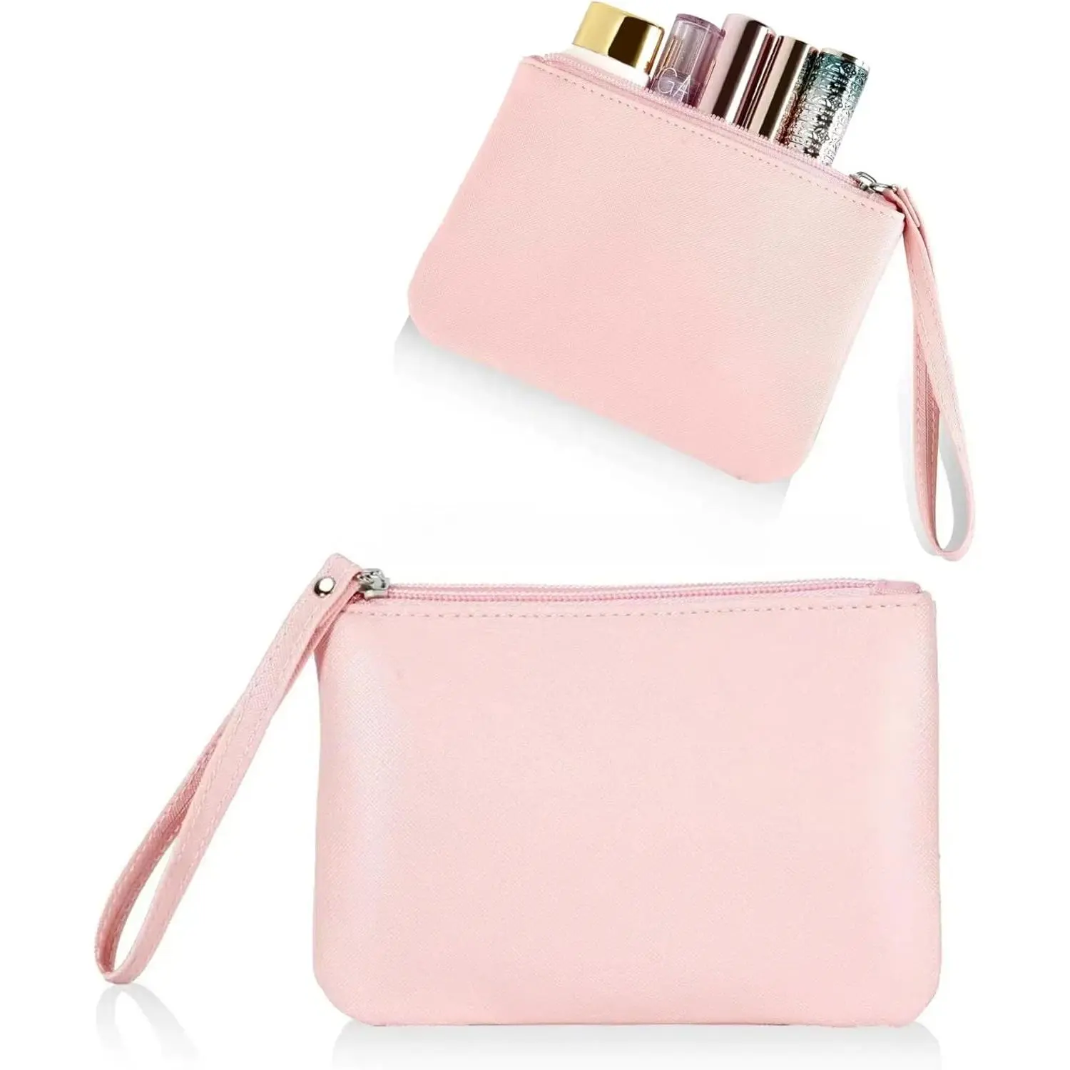 Small Makeup Bag for Purse Mini Cosmetic Pouch Zipper Little Wristlet, Tiny Make Up Organizer Lipstick Feminine Product Car Change Coin Holder for Women, 4.5 x 6.5 Clutch Stadium Approved, 1 Pink