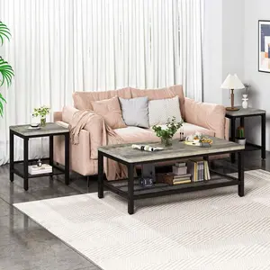 Coffee Table Set of 3, Industrial Coffee Table with 2 Square End Side Tables, Living Room Table Set with Metal Frame, Compact Table Set for Apartment Home Office Small Space Decor