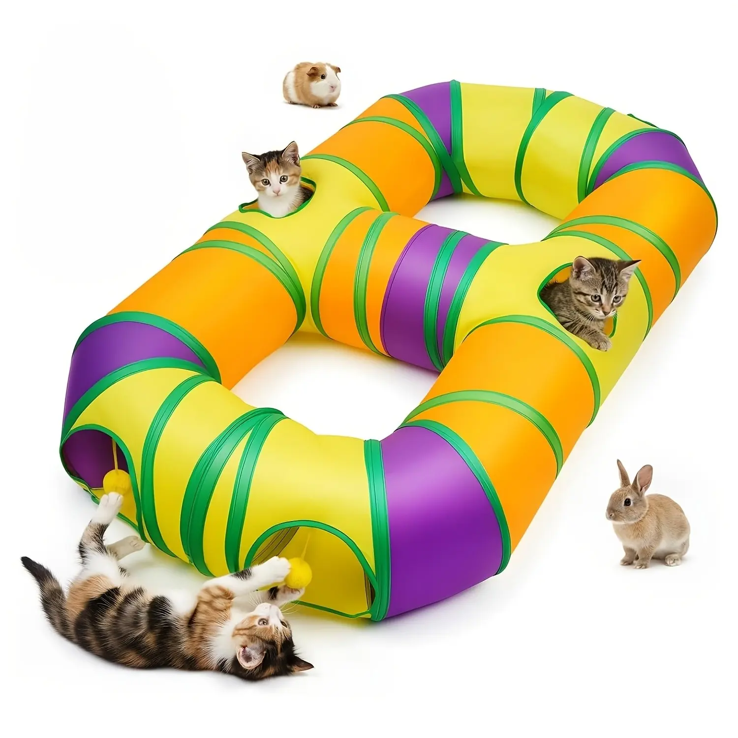 Large Foldable Indoor Cat Toy Tunnel, Maze Design with Hanging Plush Ball and Interactive Openings, Suitable for Kittens, Kitty, Puppies, Rabbits, Beavers, Guinea Pigs