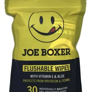 Joe Boxer Flushable Wipes with Vitamin E & Aloe 30 Individually Wrapped Pre-Moistened Wipes Protects from Irritation & Itching