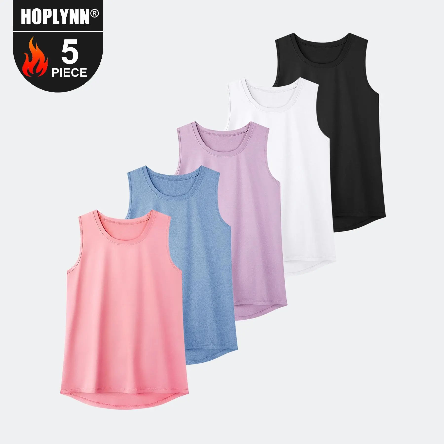 HOPLYNN Women's 5-Pack Quick Dry Polyester Tank Tops, Breathable Comfortable Elastic Fabric Sleeveless Athletic Tops for Yoga, Gym Workouts, Fitness, Lightweight, Everyday, Fitted, Biking, Dovetail Neck, Korean, Preppy
