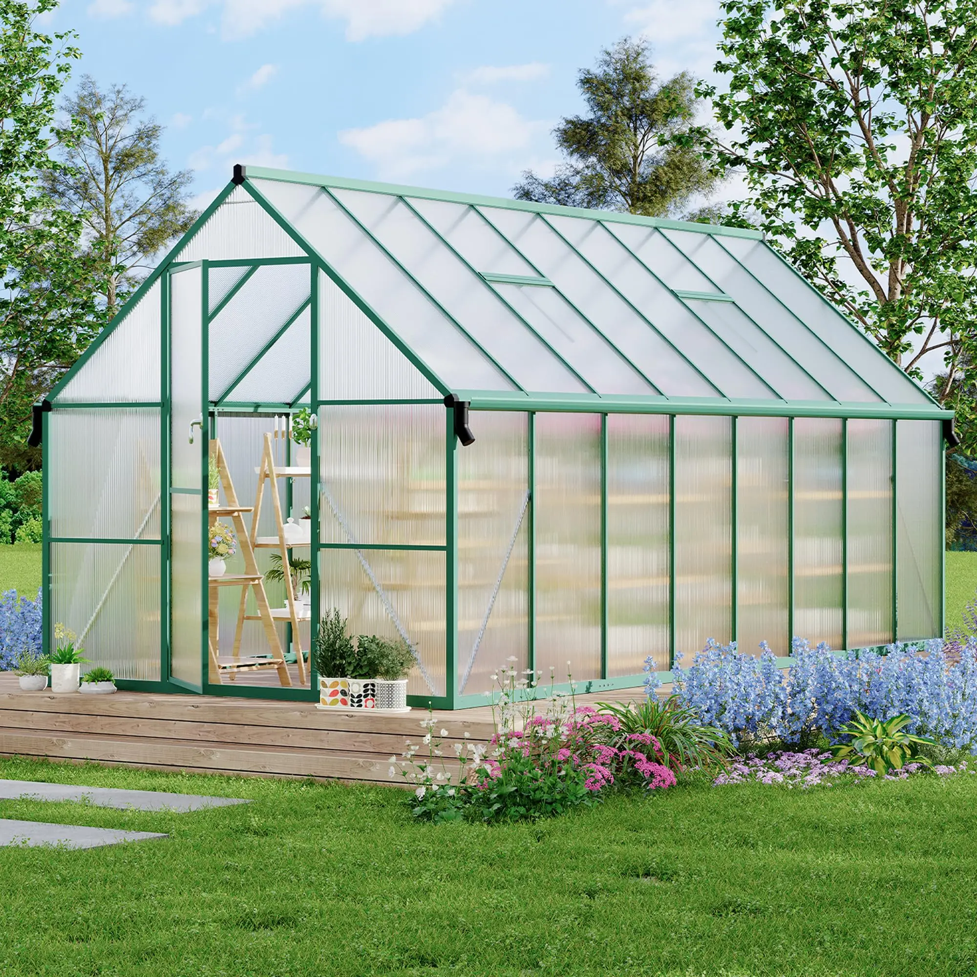 Garvee 8'x16' Heavy-Duty Aluminum-Framed Polycarbonate Greenhouse Kit - Eco-Friendly, Quick Setup, Weather Resistant, Roof Vent, Lockable Push Door, Ground Nails, Enhanced Structure, Prevents Sunburn for Backyard Garden Use, Large