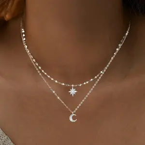Retro fashion multi-layer thin chain collarbone necklace light luxury full diamond sun moon star pendant necklace women