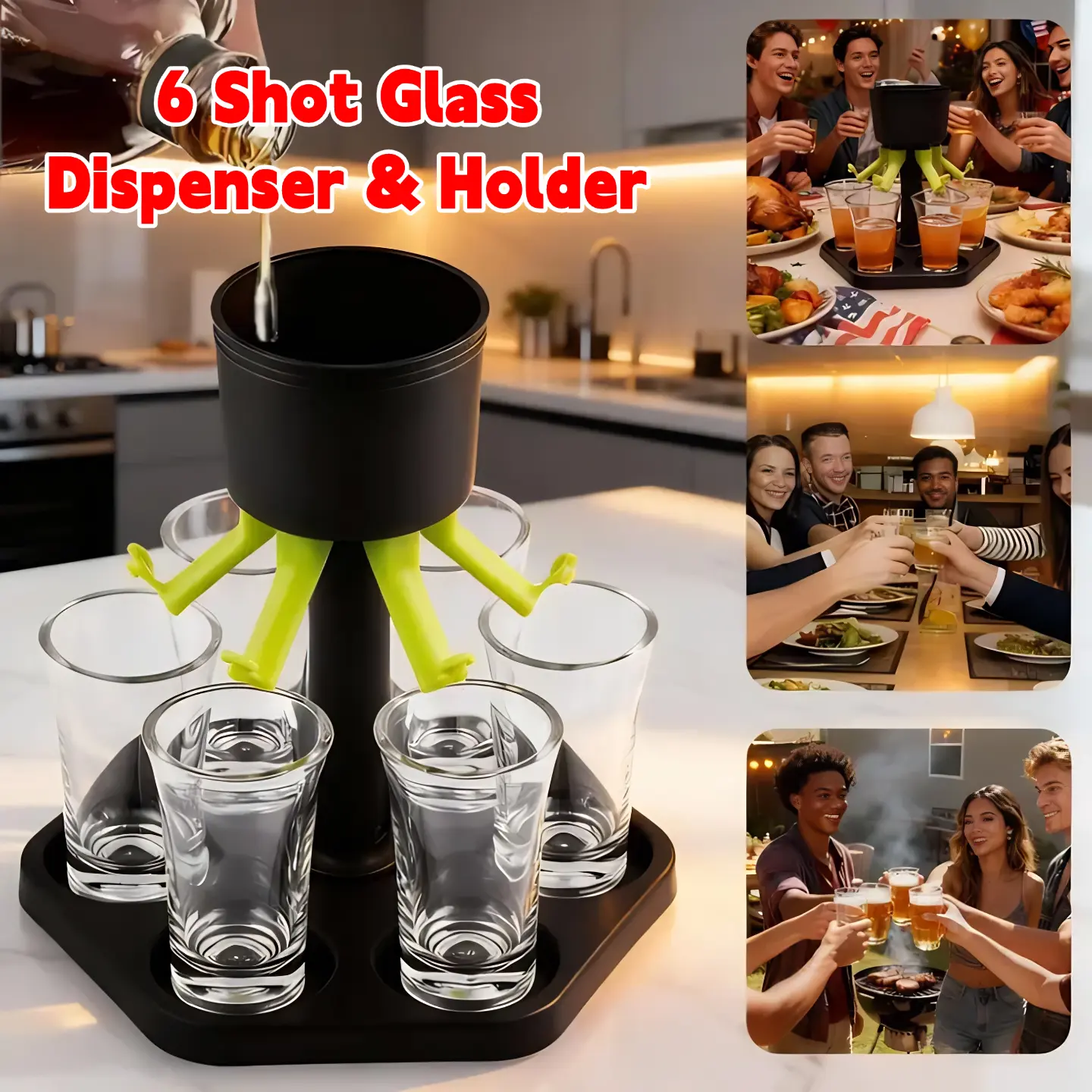 6 Shot Glass Dispenser & Holder, 1 Set Multifunctional Shot Dispenser with 6 Glasses, Cocktail Dispenser for Outdoor Party & Bar