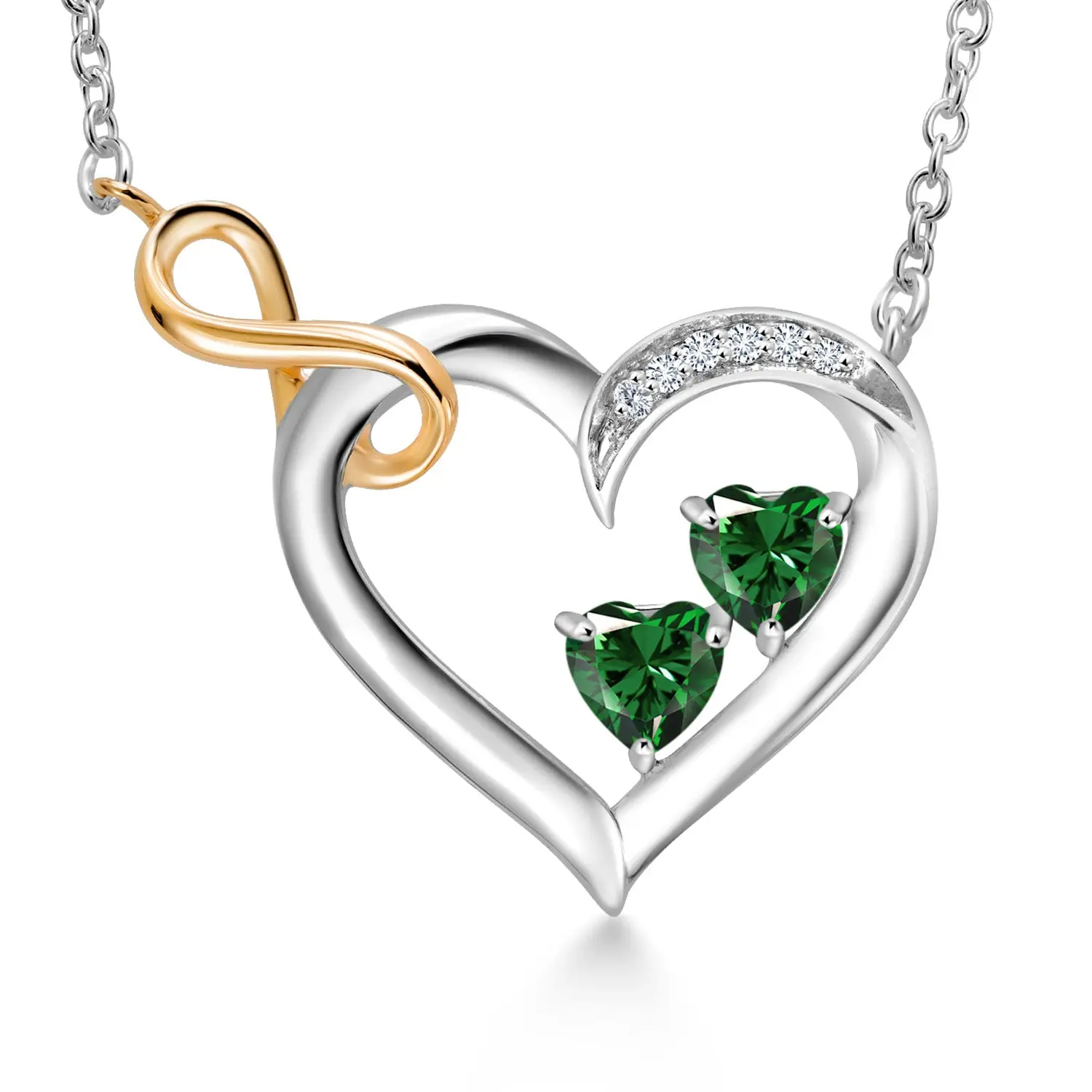 Gem Stone King 925 Sterling Silver and 10K Yellow Gold Green Nano Emerald and White Lab Grown Diamond Infinity Heart Pendant Necklace For Women | 0.83 Cttw | Heart Shape 4MM | 18 Inch Chain