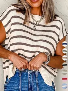 Women's Striped Print Crew Neck Sweater Pullover, Casual Jumper for Summer, Fashion Women's Knitwear for Daily Wear, Women Short Summer Tops, Oversized Knit Tops for Women