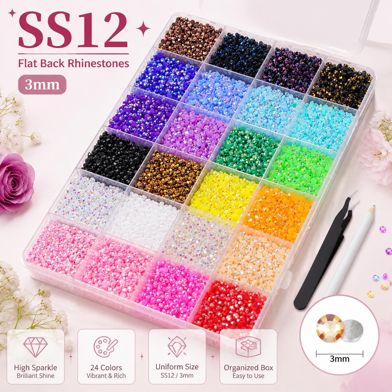 TQIGWRB 3mm Ab Coating Long Sparkle Resin Rhinestone Bedazzling Kit (36,000Pcs) with Tweezers & Gifted Tools, Nail Art Supplies Bling Rhinestone Decoration for DIY Crafts Clothing Tumblers