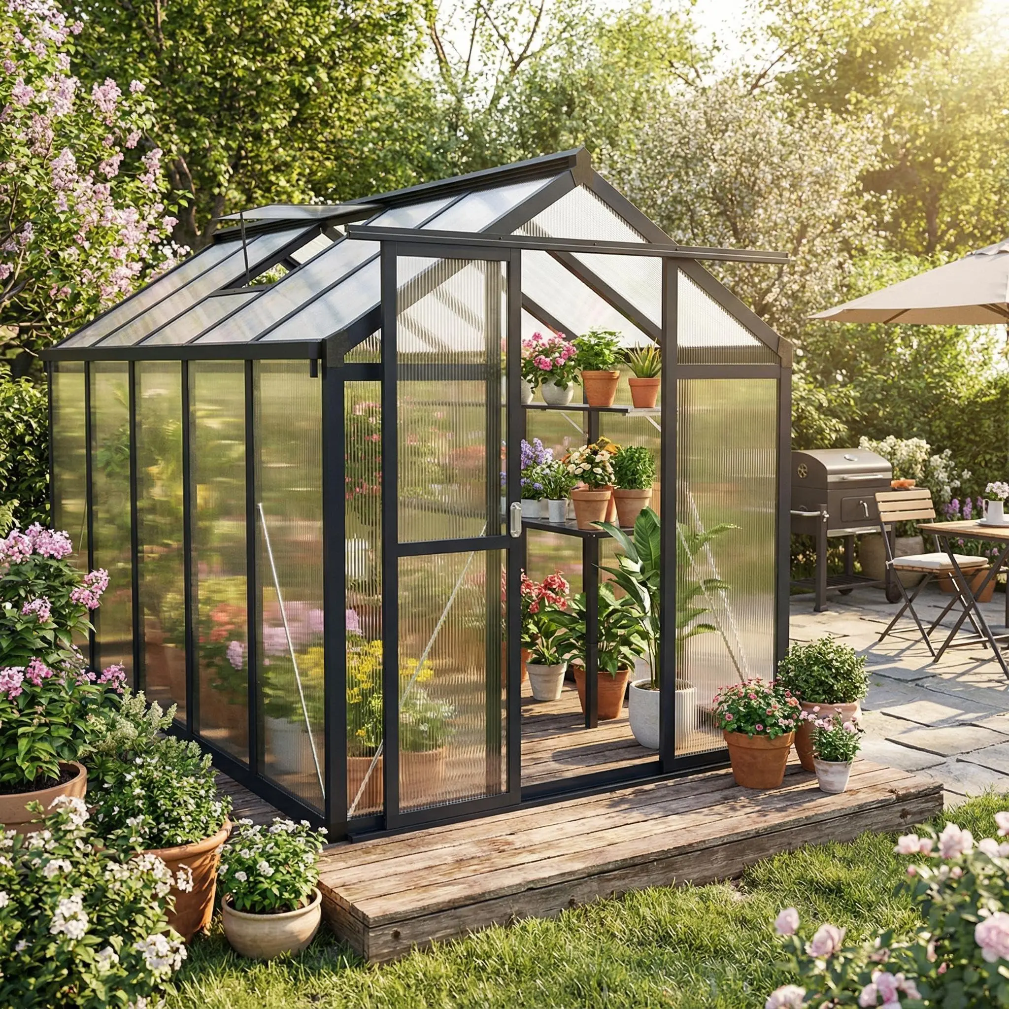 6x10ft Dark Grey Aluminum Walk-in Polycarbonate Greenhouse for Outdoors, Tool-Free Assembly, Ventilated Roof Vent, Lockable Smooth-Gliding Sliding Door, Heavy-Duty for Garden, Backyard, Water Resistant, Anchored