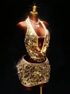 Women's 2-Piece Sleeveless Sparkly Gold Sequin Clubwear Set - Comfortable Low-Cut Crop Top & Mini Skirt, Lady's Statement Style Outfit with Accessories for New Year, Valentine's Day