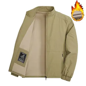 Men's Khaki Fleece Jacket Winter Coat Warm Windproof Stand Collar Casual Outwear for Cold Weather