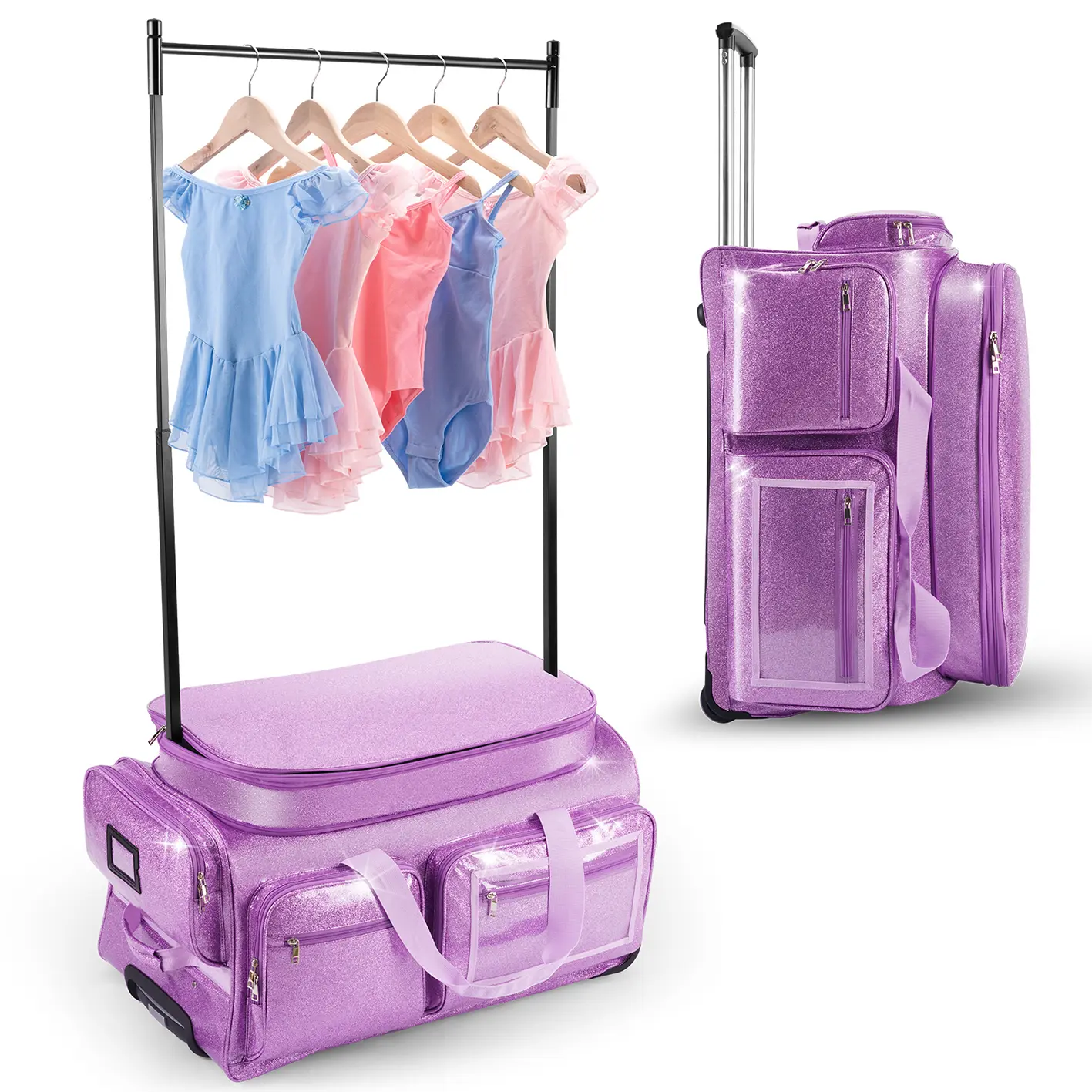 Dance Bag with Garment Rack, Glitter Purple 28" Dance Competition Must Haves Competition Dance Bag with Rack, Costumes Rolling Garment Bags For Travel Collapsible Suitcase for Dancers Performers
