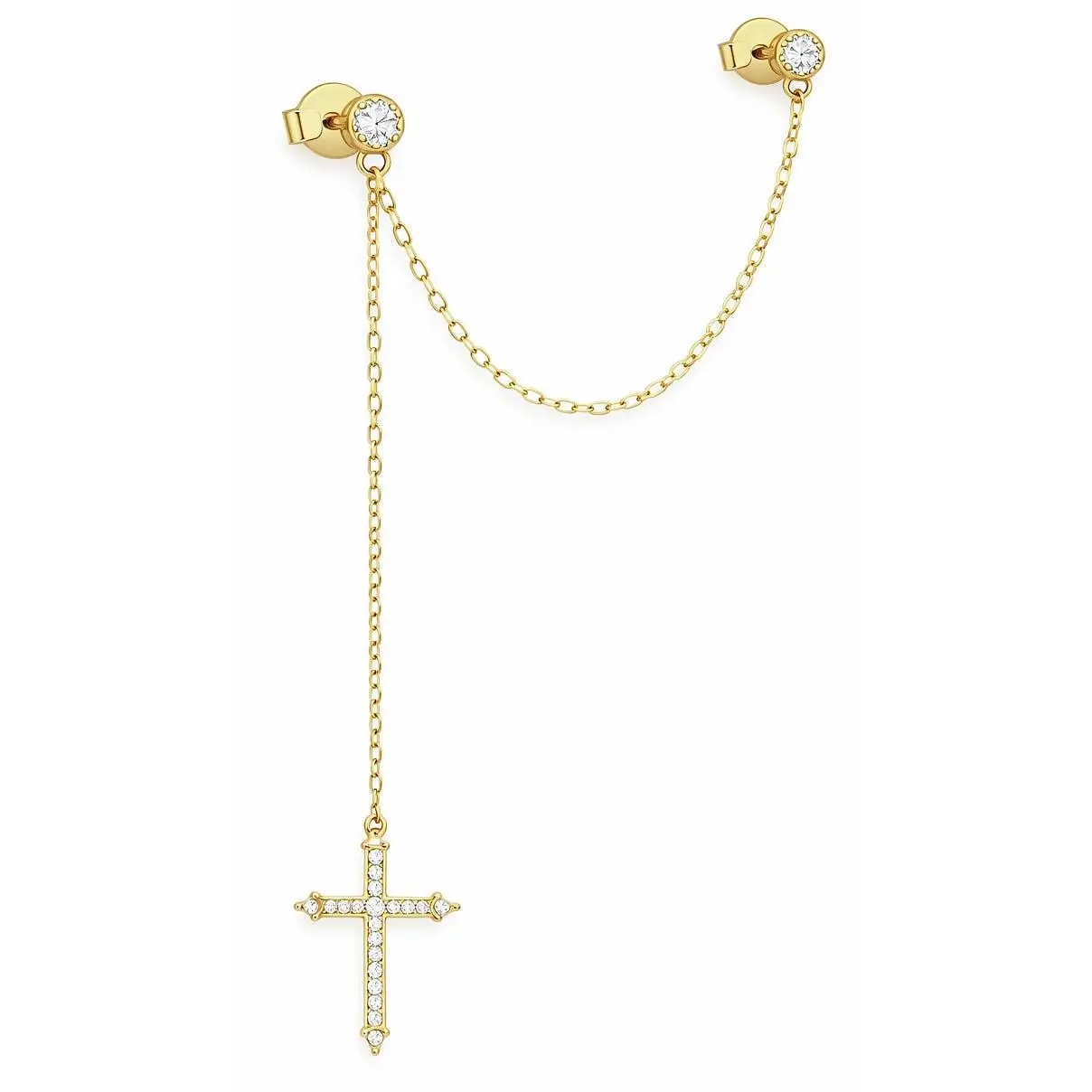 CZ Diamond Cross Chain Stud Earring in Gold