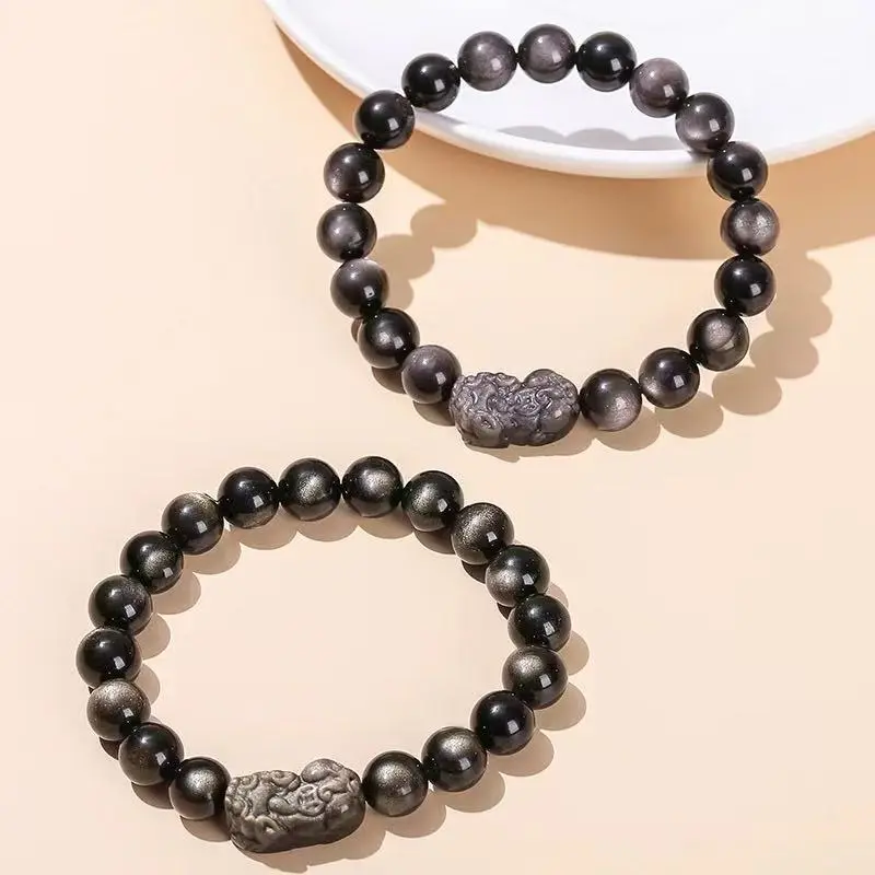 Natural Silver Obsidian Bracelet 12mm Beads With Pixiu, Welcome to Choose the Item in Live Stream, Silver Obsidian Bracelet Gift, Bracelet Gift, Crystal Jewelry, Crystal Bracelet
