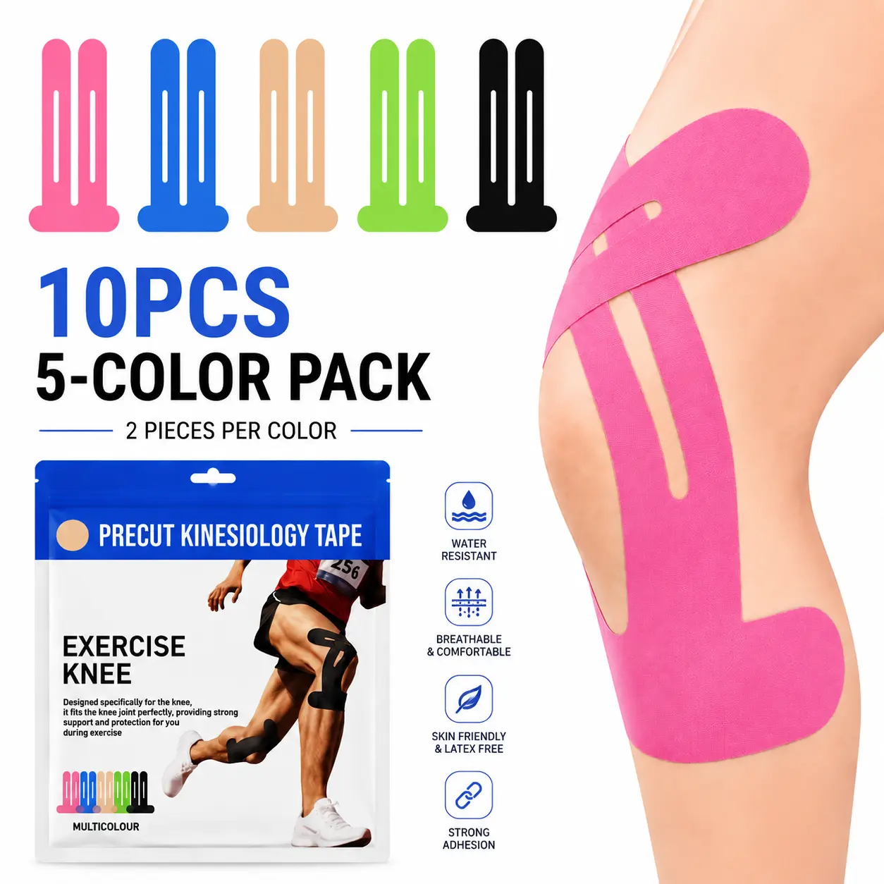 10PCS Precut Kinesiology Tape for Knees, Pre Cut Kinetic Knee Tape Waterproof Sport Tape for Knee Support Muscle & Joint Stability Sports  Knee Cap Stability Tape