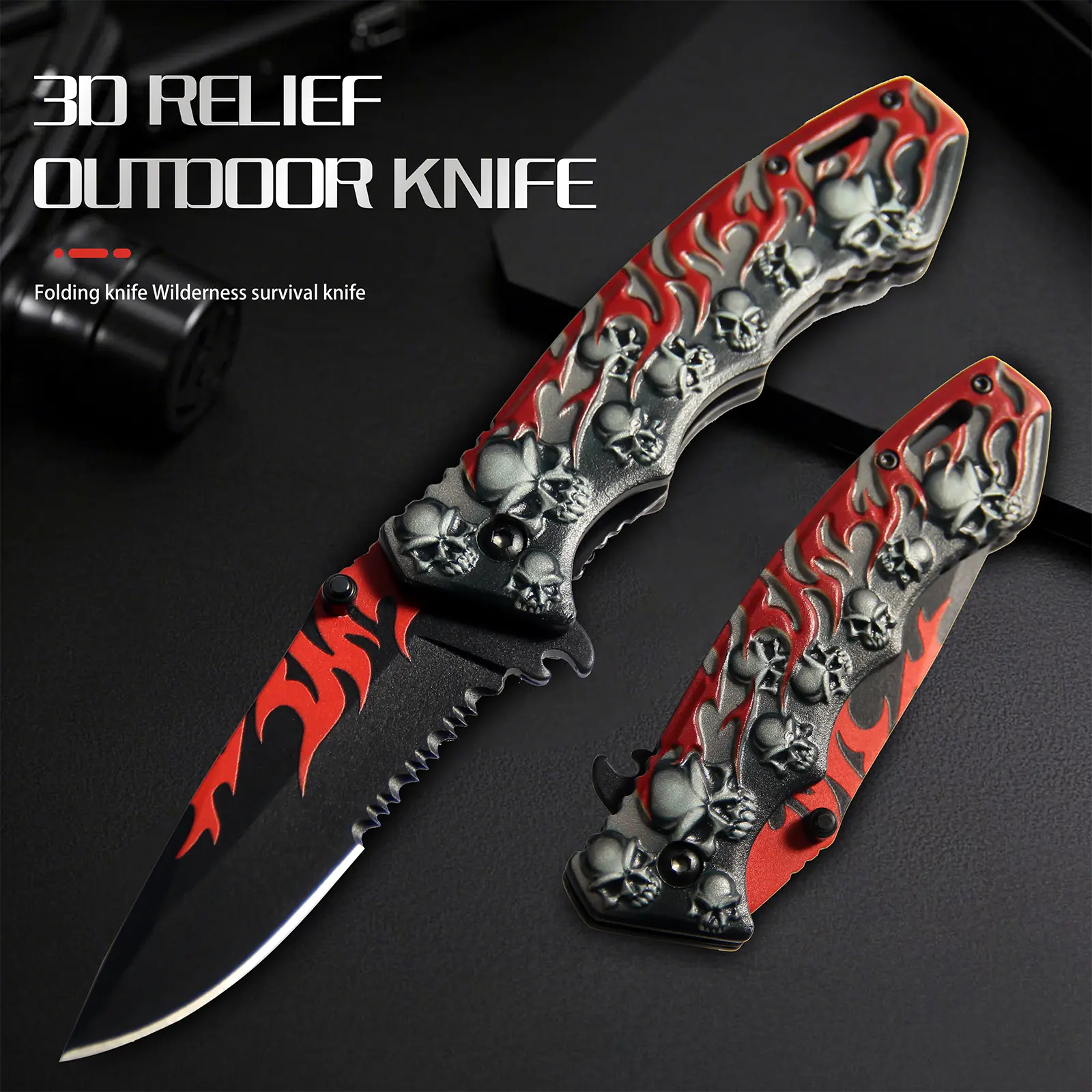 Outdoor Knife, Camping Knife  Folding Knife with Ultimate 3D Skull Design – An Outdoor Survival Knife with Flexible Grip, Essential Gear for Weekend Camping & Perfect Gift for Men