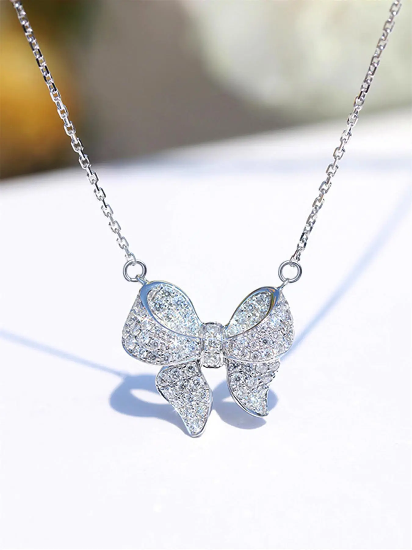 Artificial Zircon Inlaid Bowknot Design Pendant Necklace for Women for Gift, Stainless Steel Jewelry for Party, Daily Clothing Decor, Jewelry for Gift, Zircon Gemstone Necklace, Zircon Stones Necklace, Decorative Necklace