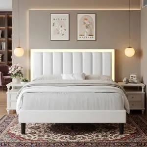 Mid-Century Modern Bed Frame, Faux Leather Upholstered Platform Bed with LED Light & USB LED Strip, No Box Spring Needed, Queen/Twin/Full/King, Easy Assembly, Suitable for Bedroom Home Decor