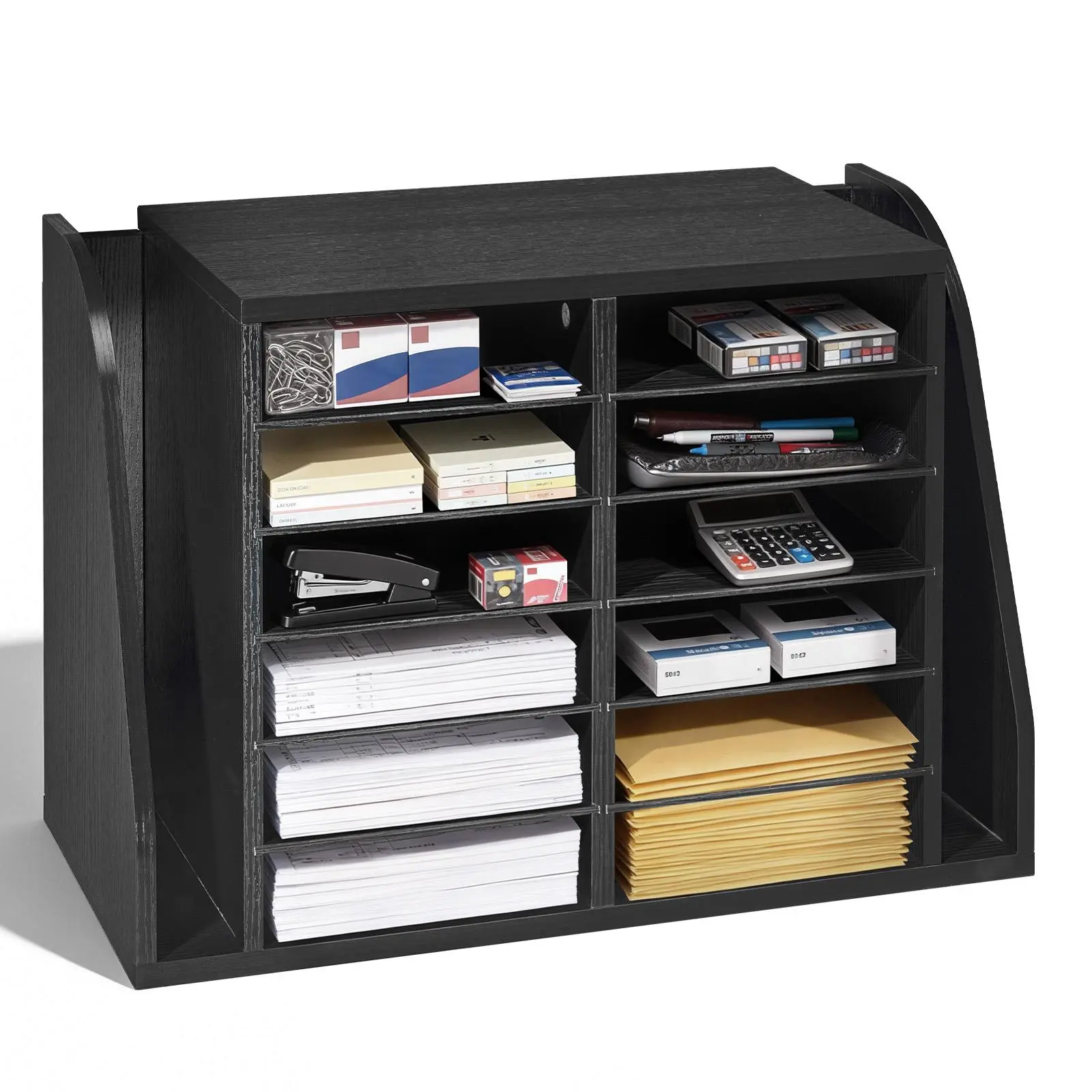 VEVOR 12-Compartment Particle Board Literature Organizer - Desk-Mounted File Rack, Multiple Compartments File Rack with Built-In Side Storage, Stable MDF Structure, Space-Saving Black Office Desk Mailbox for Home & Office