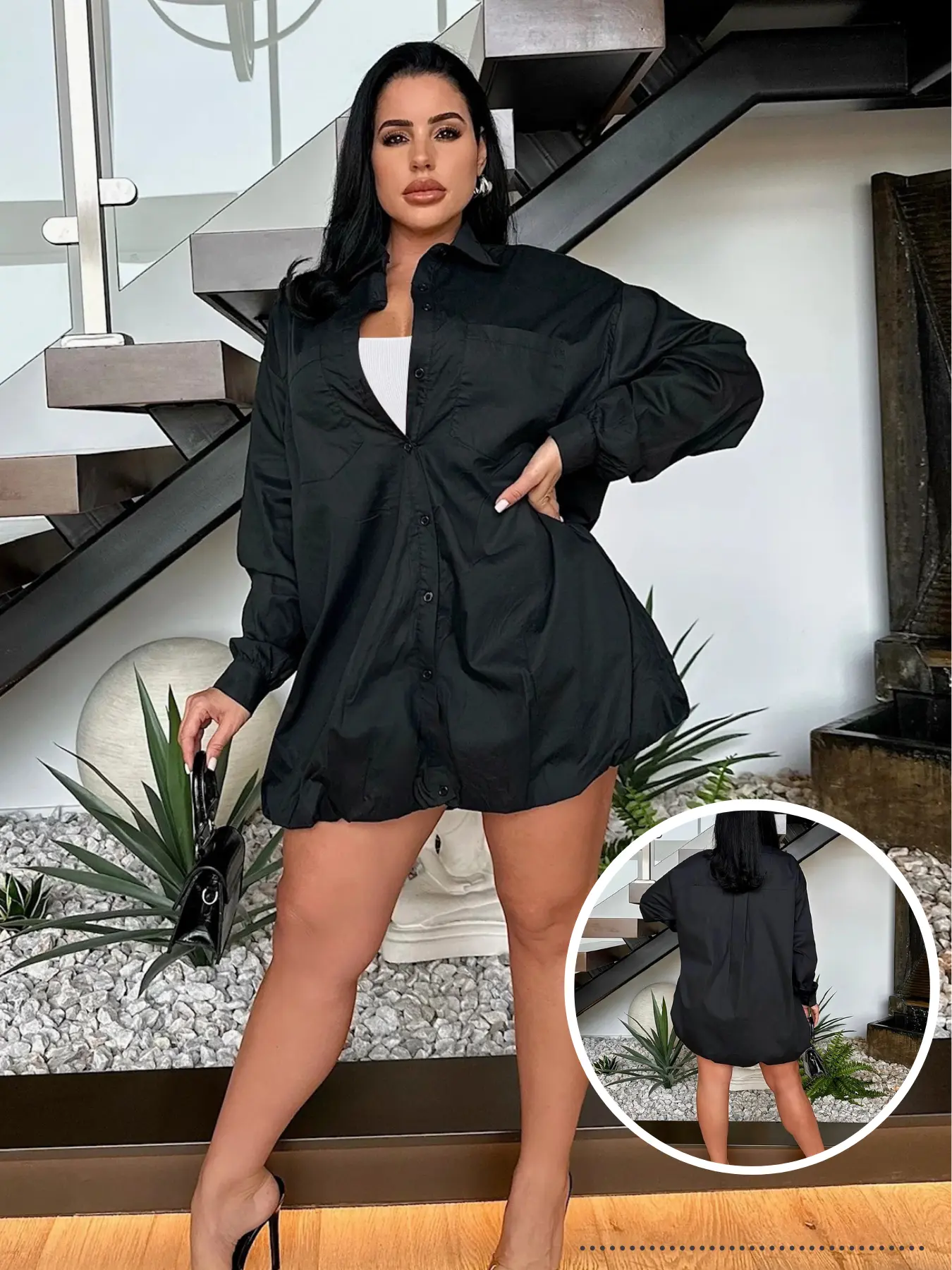 USBoutique Chic Women's Black Plain Button Front Drop Shoulder Shirt Dress Casual Long Sleeve Collared Pocket Dress for Spring Fall Daily Wear Minimalist Basic