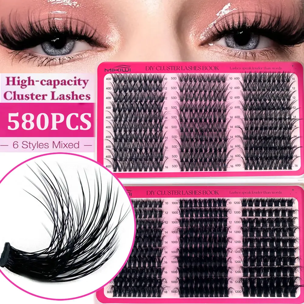 Mikiwi 580PCS Russian Eyelashes Clusters Kit - D-Curly 10-18MM, 6 Styles, Ultra Soft Reusable Wispy DIY Lashes for Youth with Dense Look, Halloween Makeup