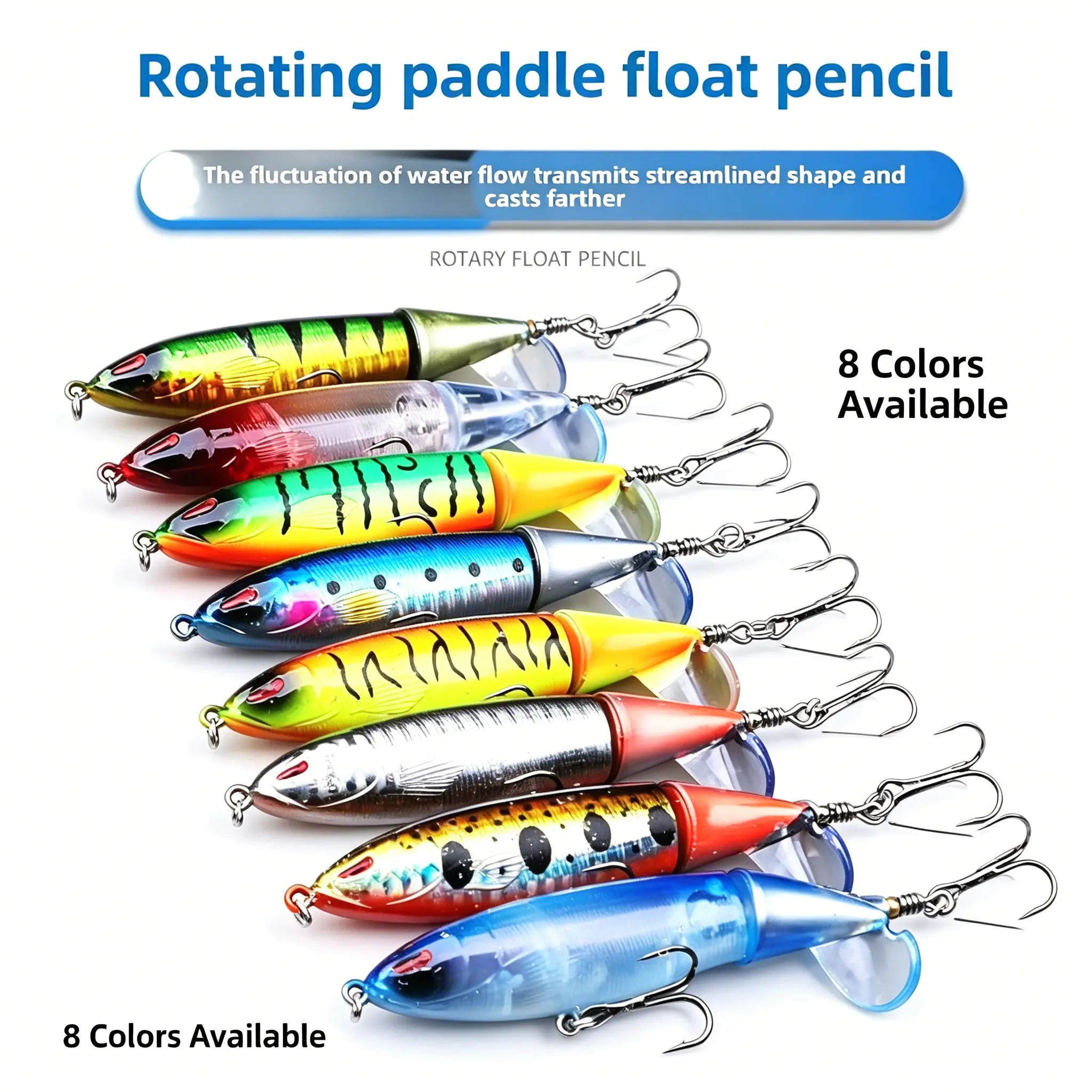Surface Propeller Lure 98mm 13g, Long-Casting Floating Pencil Hard Bait with Strong Vibration and Weighted Treble Hooks for Bass and Snakehead, Weighted Treble Hook Floating Lures, Adults, Bass Fishing Lures