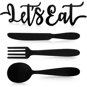 5 Pcs Let's Eat Sign Kitchen Wall Decor Wooden Fork Spoon Knife Sign Rustic Cutout Eat Kitchen Hanging Decor for Home Dining Room Bar Cafe Restaurant