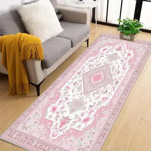 A simple pink and white patterned long rug, a lightweight and easy-to-clean foldable rug, washable and easy-to-maintain home decor rug, suitable for hallways, stairs, bedrooms, bedside, kitchens, etc., Minimalist Rug, Floral Washable Rug