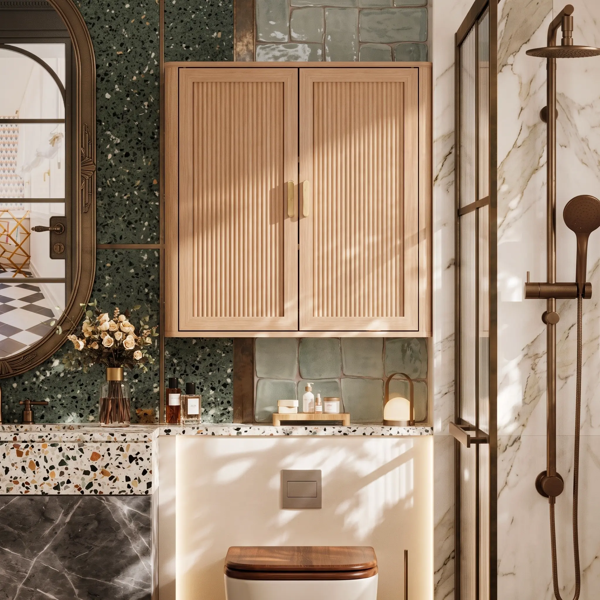 Aesthetic Fluted Bathroom Cabinet | Space Saving Wall Mounted Storage | Over Toilet Organizer