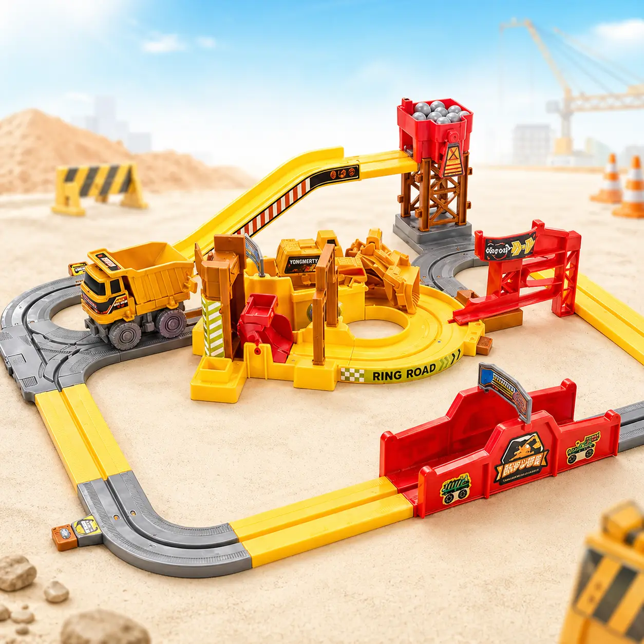 Kids Construction Truck Track Set, Mining Transport Playset with Dump Truck, Sliding Tracks, Excavator Crane and Road Building Toy for Boys Girls