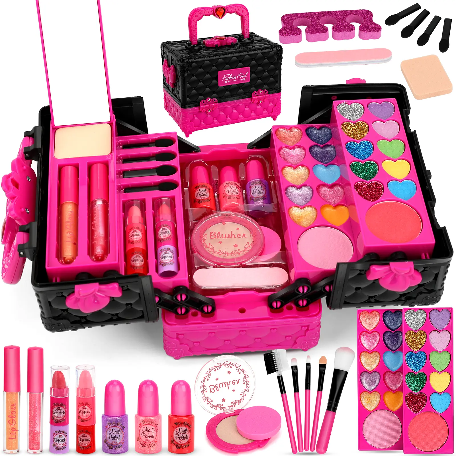 45 Pcs Kids Washable Makeup Kit for Girls - Real Non-toxic Toddler Makeup Set - Birthday Christmas Gifts for Age 3 4 5 6 7 8 9 10 11 12 (Small Travel Size)