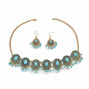 Boho Turquoise Beaded Jewelry Set, Vintage Necklace and Dangle Earrings, Trendy Bohemian Fashion Accessories for Women and Girls Daily Party Wear