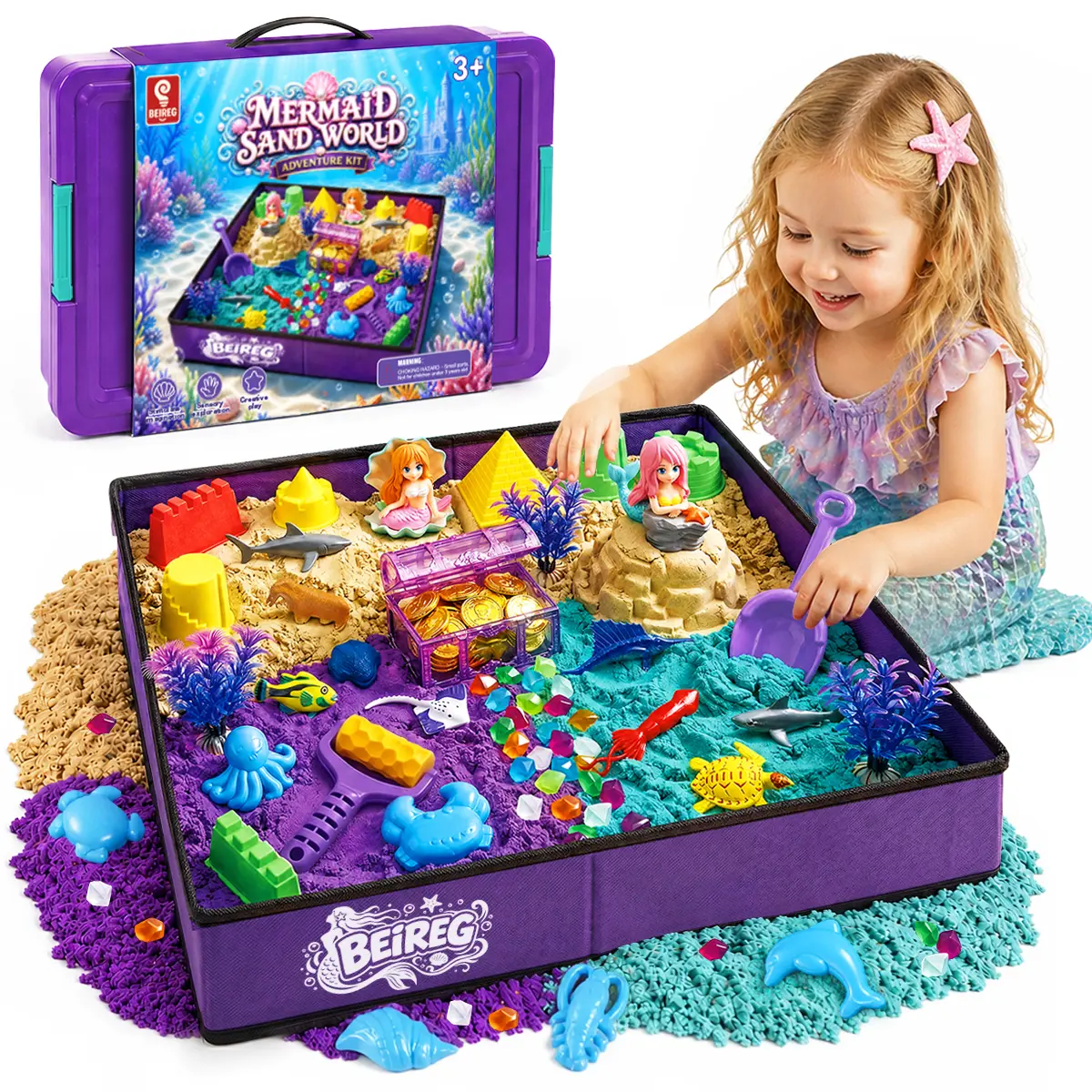 BEIREG Mermaid & Unicorn Sensory Sand Kit - 3 Sandbox Options, 2-3lbs Sand, 155 Pcs Unicorn Kit, 17 Marine Molds, Full Tools Set, Non-Toxic Mess-Free STEM Toys, Fine Motor Skills Sensory Products, Toddler Girl Birthday Gifts Ages 3-8